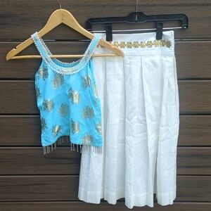 Girls Indian Punjabi 2 Piece Lengha Blue  White Embellished  Set - Size 5-6